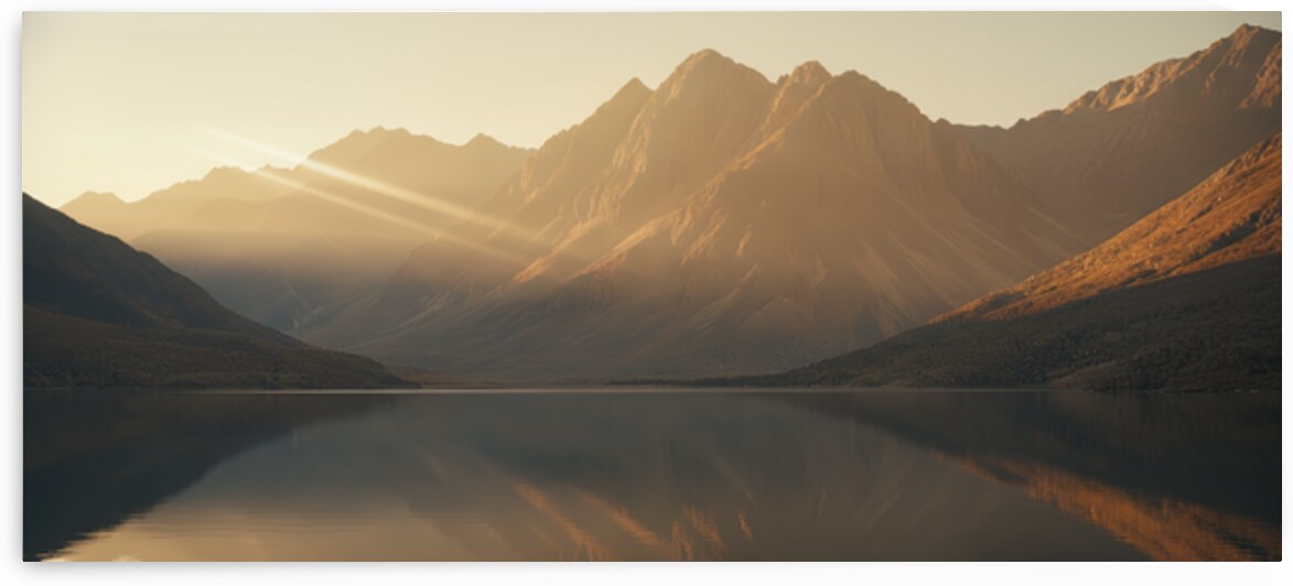 Golden Tranquility — Mountains Reflected in Still Waters by MotivatePrints