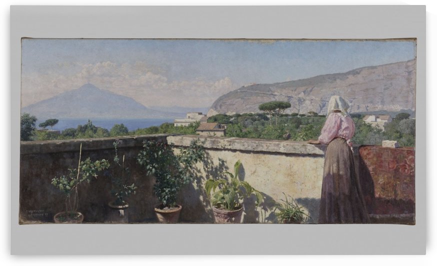 Femme sur la terrasse de l hotel Cocumella Vue sur le Vesuve by Henry Brokman