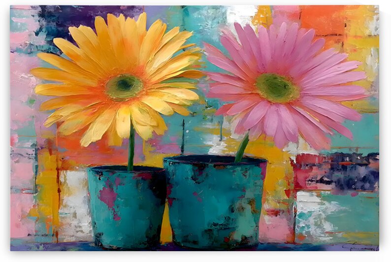 Patio Pots – Cheerful Gerbera Duo Print by Savage Art Prints