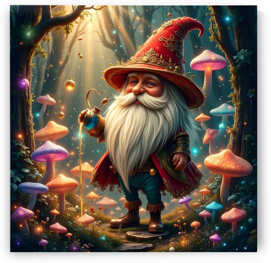 Whimsical Wizard Gnome in Enchanted Mushroom Forest Fantasy Illustration by David Enders
