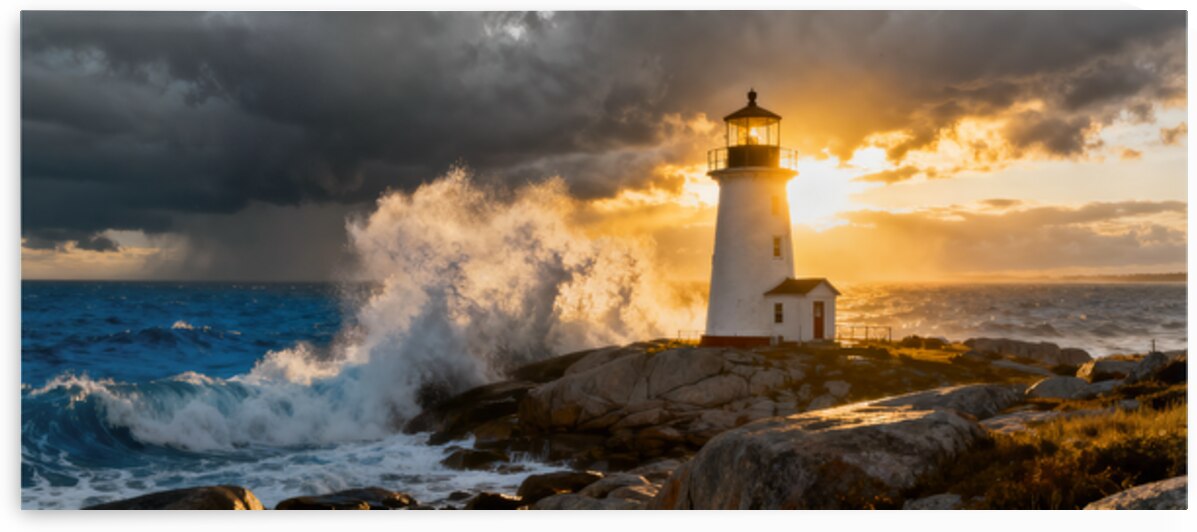 Waves of Light Lighthouse at the Edge of the Storm by MotivatePrints