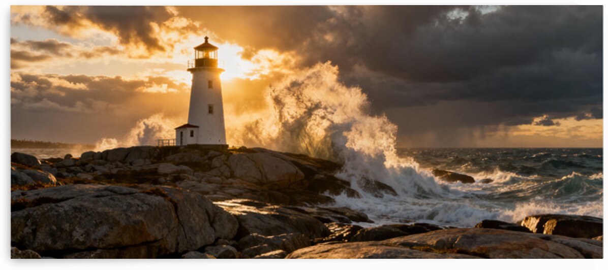 Strength Against the Tide Lighthouse at Sunset by MotivatePrints