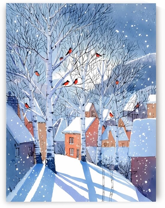 watercolor style of winter postcard nature and village by Ariadna-de-Raadt