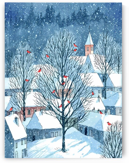 watercolor style of winter postcard nature and village by Ariadna-de-Raadt