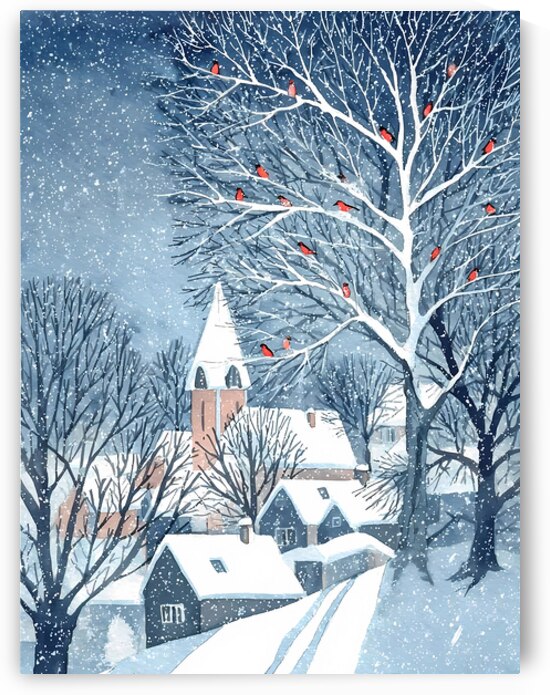 watercolor style of winter postcard nature and village by Ariadna-de-Raadt