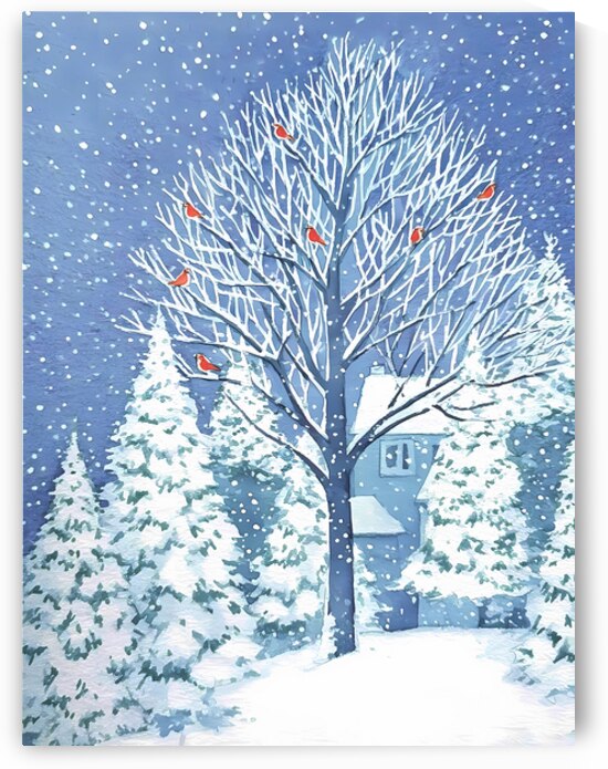 watercolor style of winter postcard nature and village by Ariadna-de-Raadt