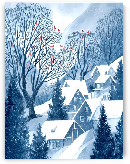 watercolor style of winter postcard nature and village by Ariadna-de-Raadt
