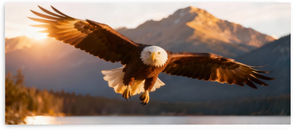Bald Eagle Gliding Over Mountain Lake at Sunset by MotivatePrints