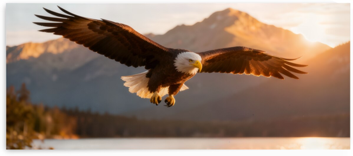 Bald Eagle Soaring Over Mountain Lake at Sunrise by MotivatePrints