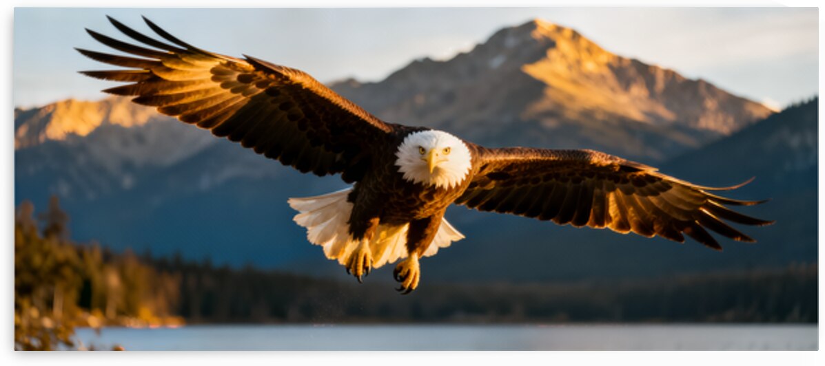 Bald Eagle in Flight Over Mountain Lake at Sunset by MotivatePrints