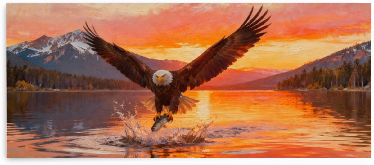 Bald Eagle Fishing at Sunset – Wildlife Painting by MotivatePrints