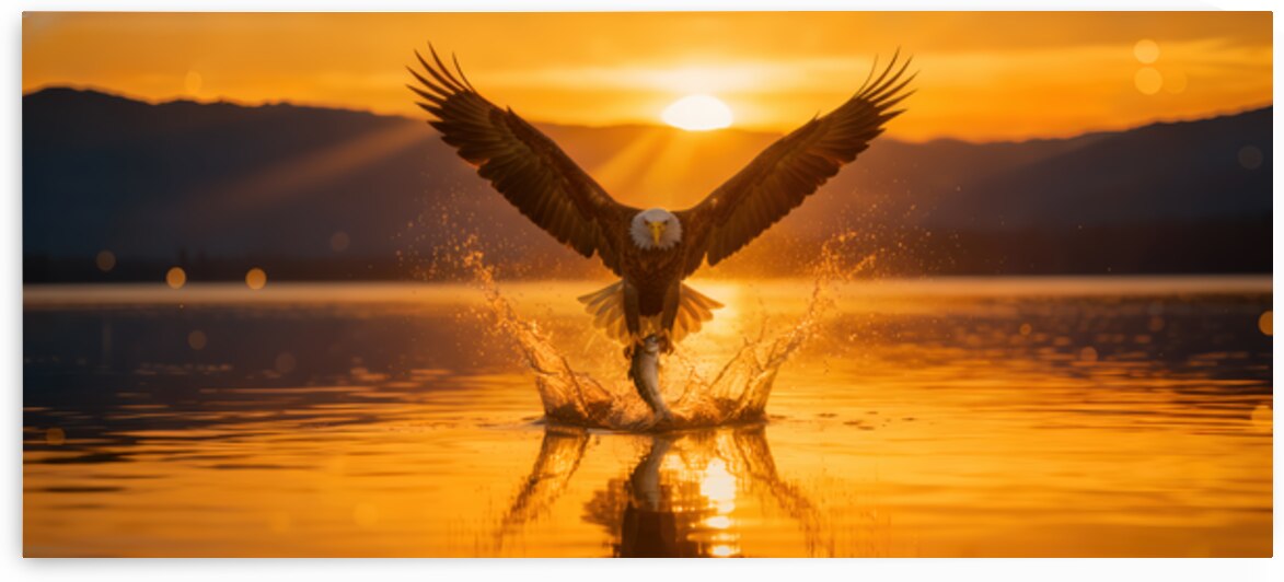 Bald Eagle Fishing at Sunset Over Golden Lake by MotivatePrints