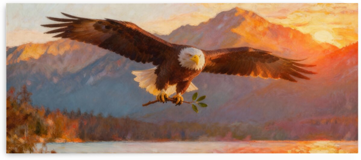 Bald Eagle With Olive Branch at Sunset – Symbol of Peace by MotivatePrints