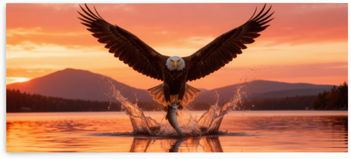 Bald Eagle Catching Fish at Sunset Over Mountain Lake by MotivatePrints