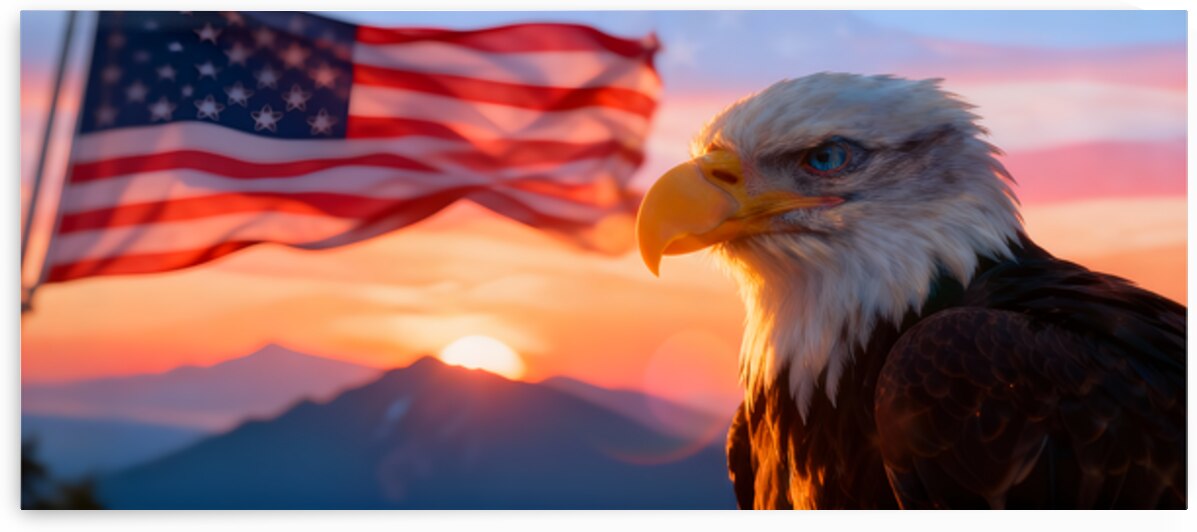 Bald Eagle with American Flag at Sunset – Symbol of Freedom by MotivatePrints
