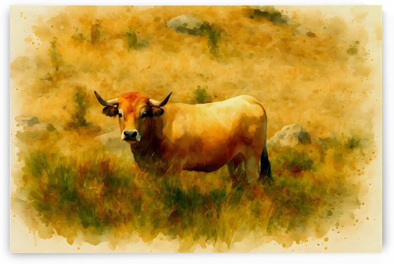aubrac cow golden pasture french watercolor art.j by M ALK