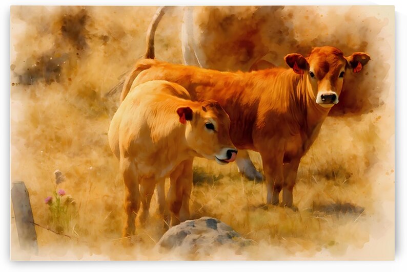 two aubrac calves golden pasture french watercolo by M ALK