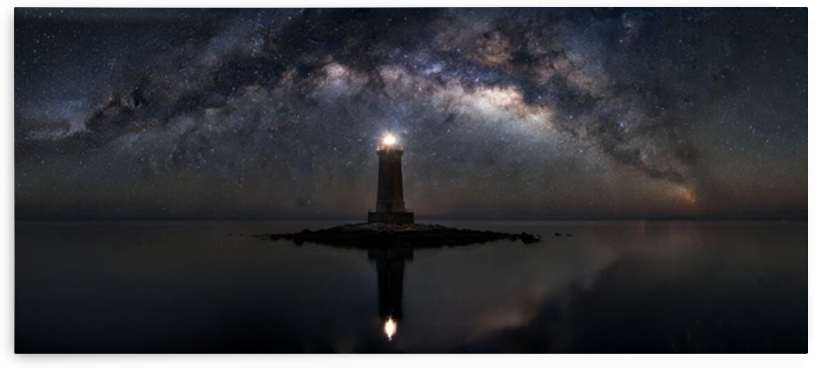 Lighthouse Beneath the Milky Way – Beacon of Light in the Cosmos by MotivatePrints