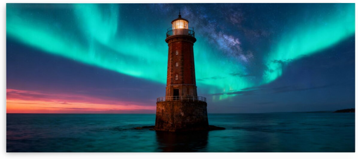 Lighthouse Illuminated by Northern Lights Beacon of the Artic Sky by MotivatePrints