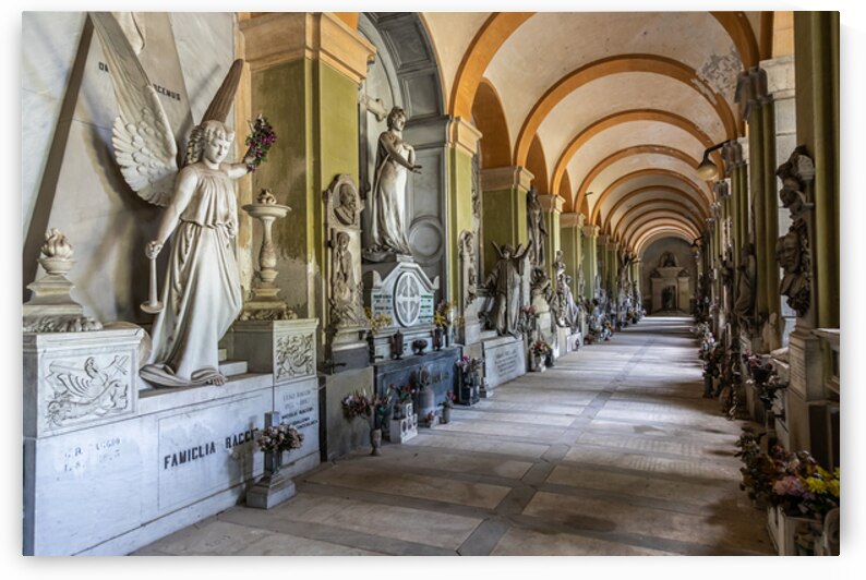 Staglieno cemetery corridor perspective. Extensive monumental c by Paolo Modena