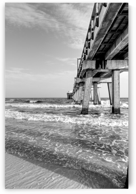 Splashing Waves Beside Gulf Shores Pier Grayscale by Jennifer White