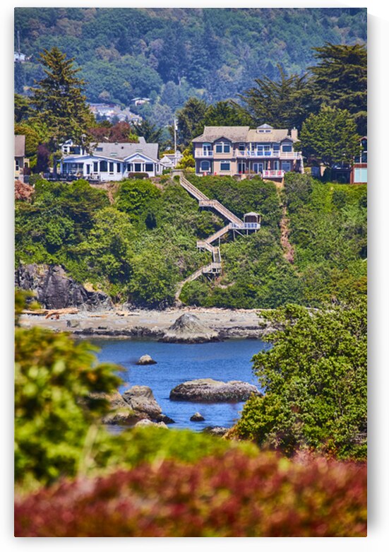Luxury Coastal Homes and Secluded Bay with Wooden Staircase at Eye Level by Nicholas J Klein