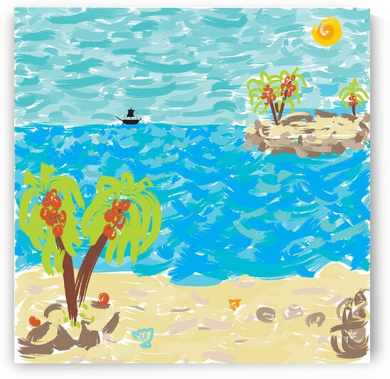 Tropical Island Escape – Vibrant Ocean Beach Landscape Painting || Relaxing Coastal Wall Art for Living Room by Umar Danish