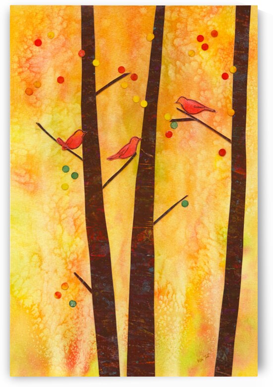 Birds in an autumn forest paper collage by Karen Kaspar