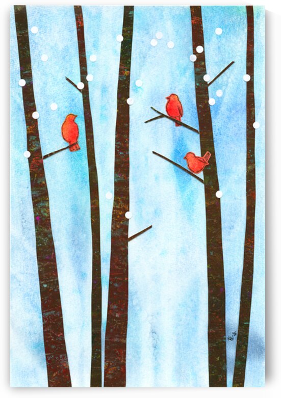 Birds in a winter forest paper collage by Karen Kaspar