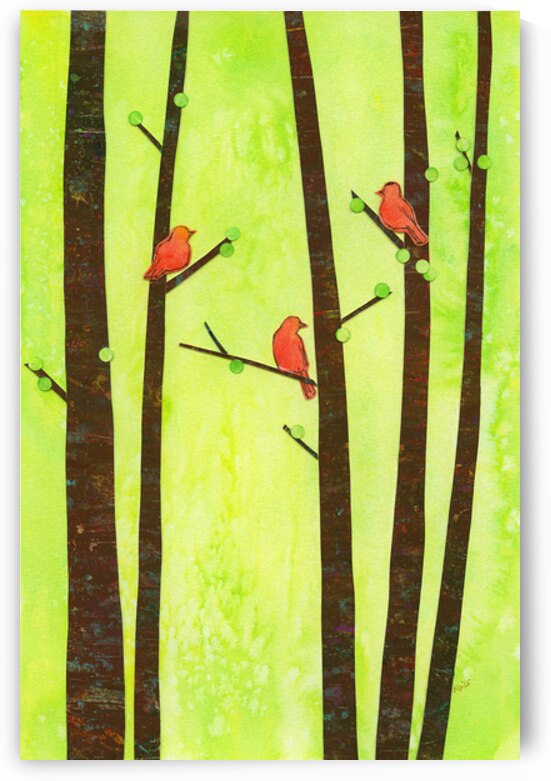 Birds in a spring forest paper collage by Karen Kaspar