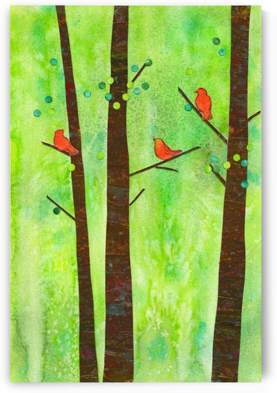 Birds in a summer forest paper collage by Karen Kaspar