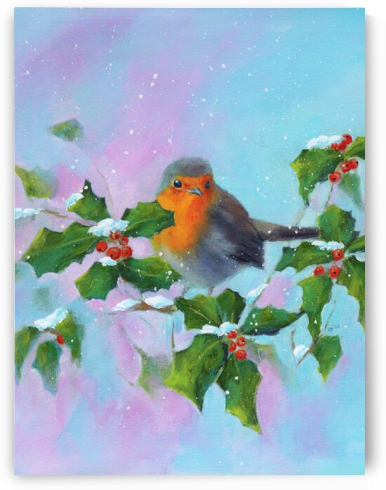Robin with holly and winterberries vertical by Karen Kaspar
