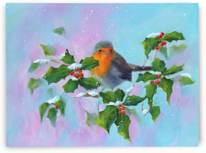 Robin with holly and winterberries acrylic painting by Karen Kaspar