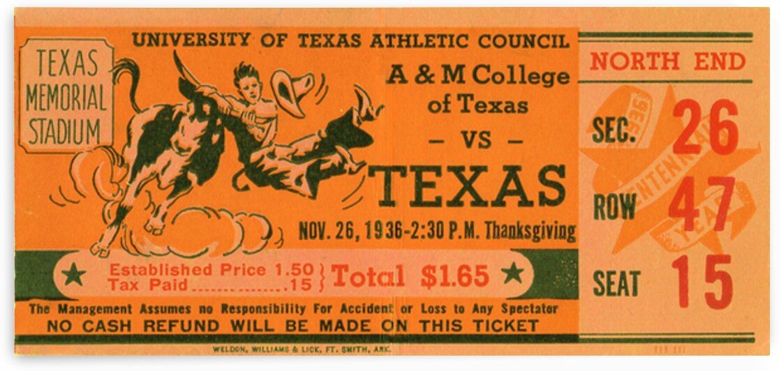 1936 Texas Longhorns Football Ticket Wall Art | Row One by Row One Brand