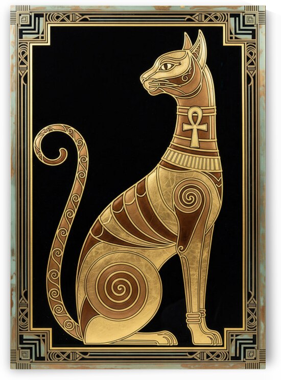The Golden Guardian: An Art Deco Homage to Bastet by Sumer Paintings