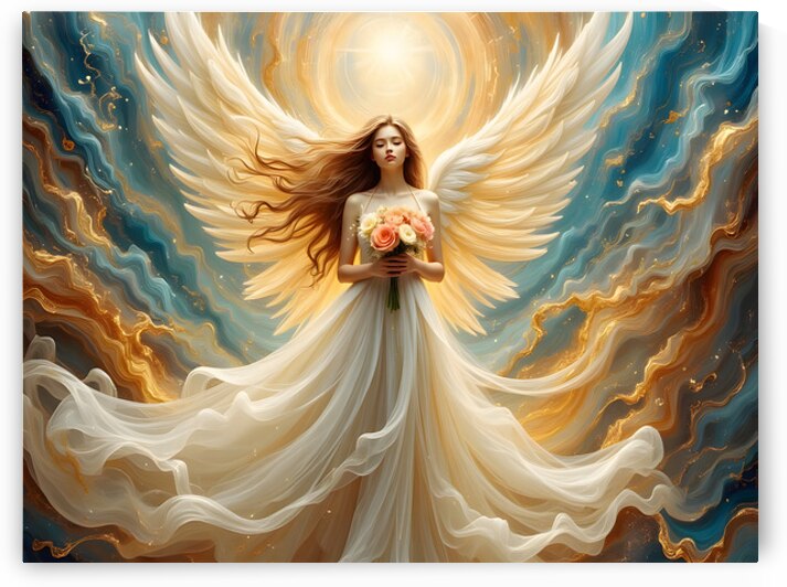 Ethereal Guardian Angel in Flowing Golden Light with Sacred Rose Offering by David Enders