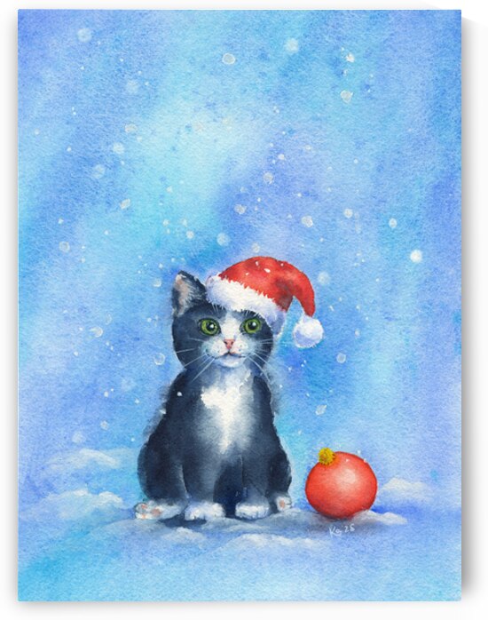 Christmas kitty in snow watercolor painting by Karen Kaspar