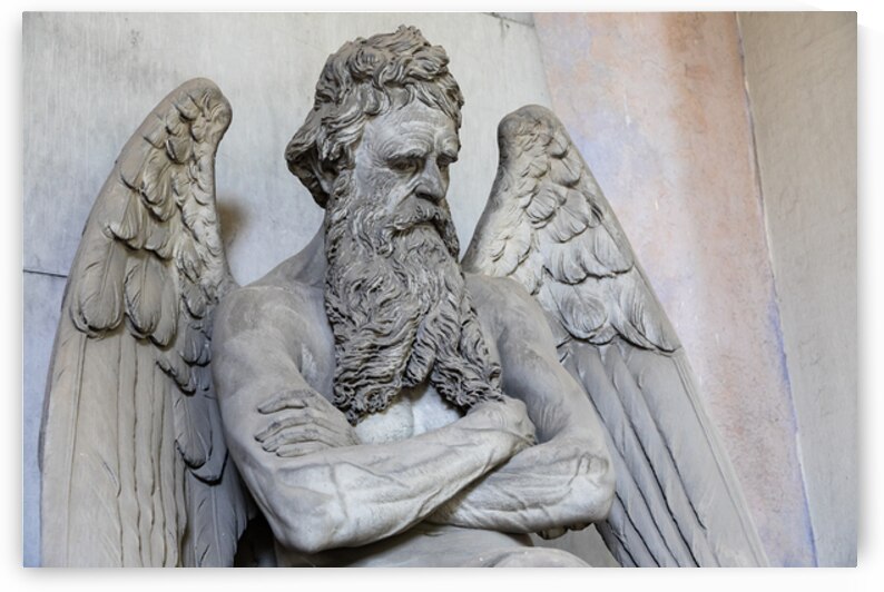 Old angel statue sitting on a tomb in contemplation. Memory and  by Paolo Modena