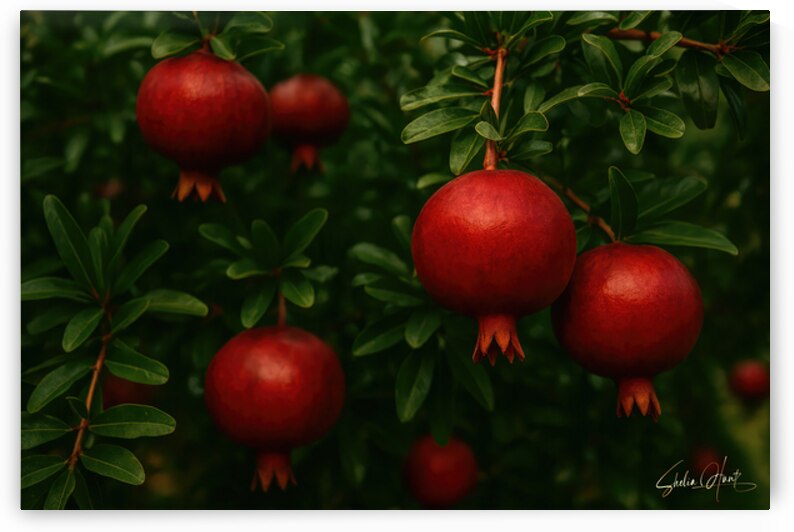 Lush Garden Pomegranates in Deep Green Foliage by Shelia Hunt Photography