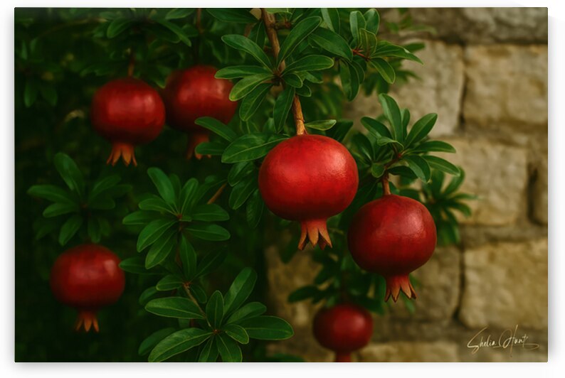 Pomegranates By a Stone Garden Wall by Shelia Hunt Photography