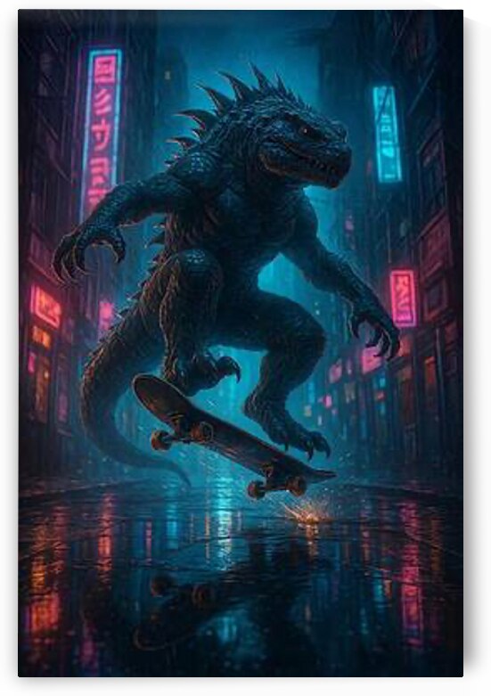 Night Skater Kaiju on Rainy Neon City Streets by Aaron Potts