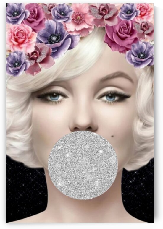 Marilyn Monroe Inspired Bubblegum Art – Floral Crown Silver Glitter Pop Art | Glam Wall Decor | Modern Feminine Artwork by ArtByLumy