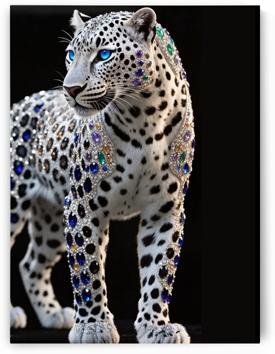 Luxury White Leopard Artwork Sparkling Gemstone Crystal-Encrusted Snow Leopard Artwork Elegant Wildlife Wall Art  by ArtByLumy