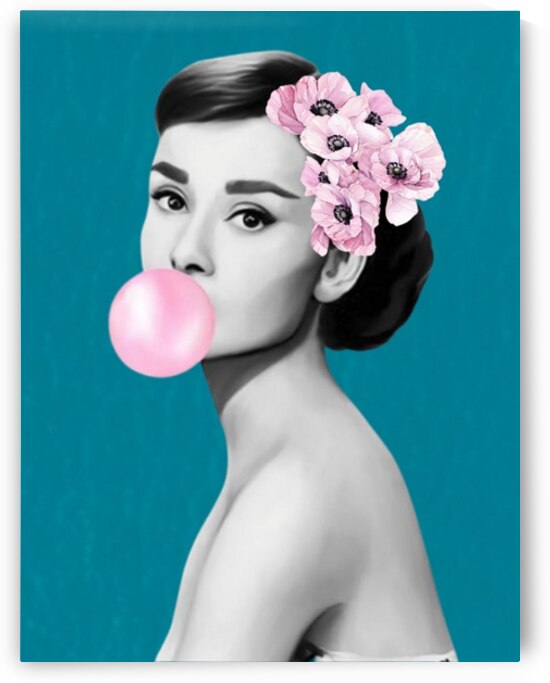 Audrey Hepburn Pink Bubblegum Art – Floral Glam Wall Decor – Vintage Fashion Icon Print by ArtByLumy