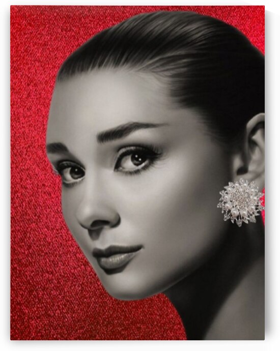 Audrey Hepburn Glam Red Glitter Wall Art Luxury Fashion  by ArtByLumy