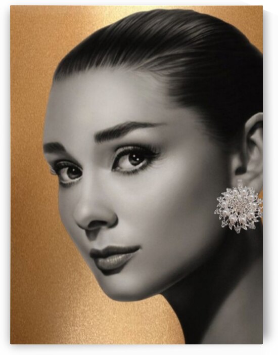 Audrey Hepburn Golden Glitter Wall Art Luxury Rhinestone Style Portrait by ArtByLumy