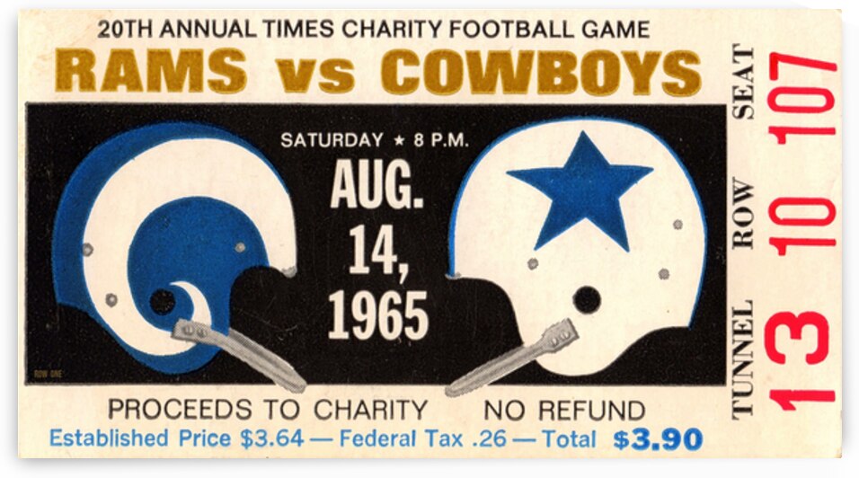 1965 Dallas Cowboys at LA Rams Ticket Art by Row One Brand