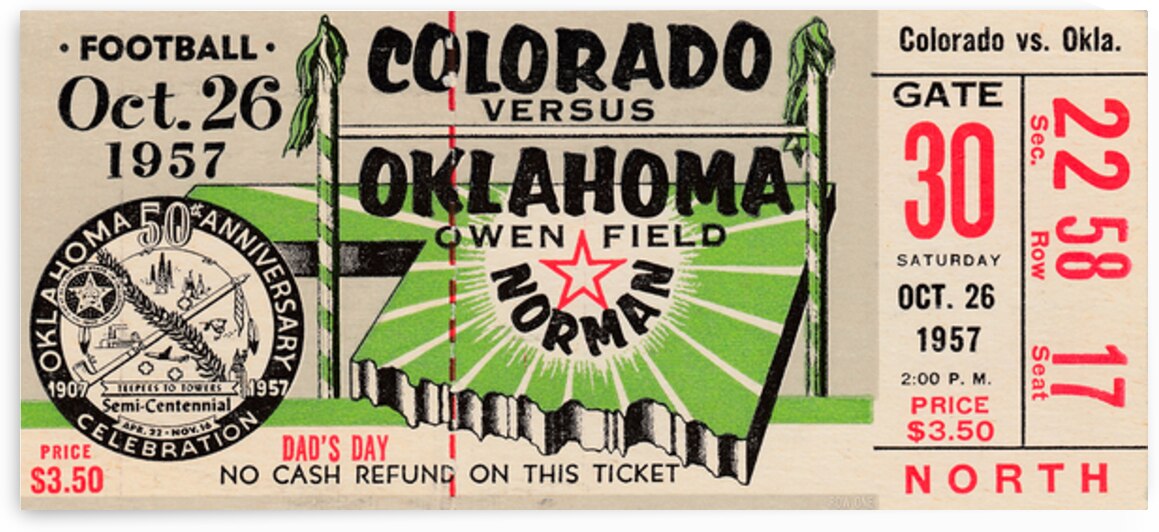 1957 Colorado at Oklahoma Football Ticket Wall Art by Row One Brand