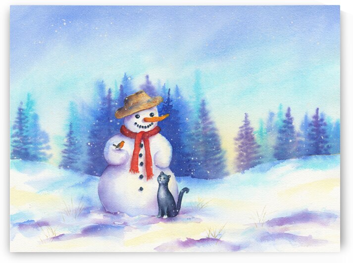 Snowman with cat and bird in winter landscape by Karen Kaspar