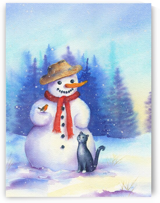Snowman with cat by Karen Kaspar